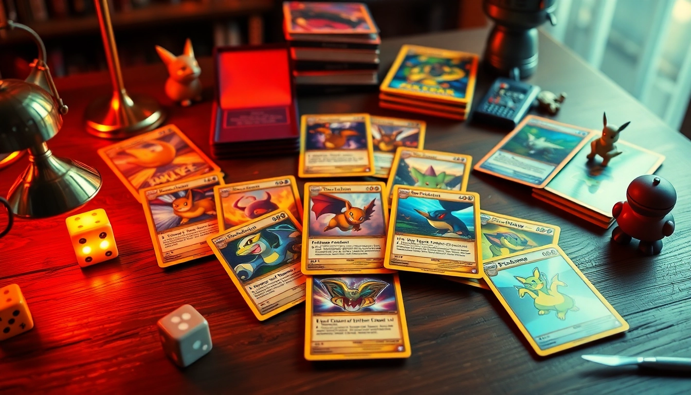 Explore real Pokemon cards beautifully arranged with collectible figures and dice.