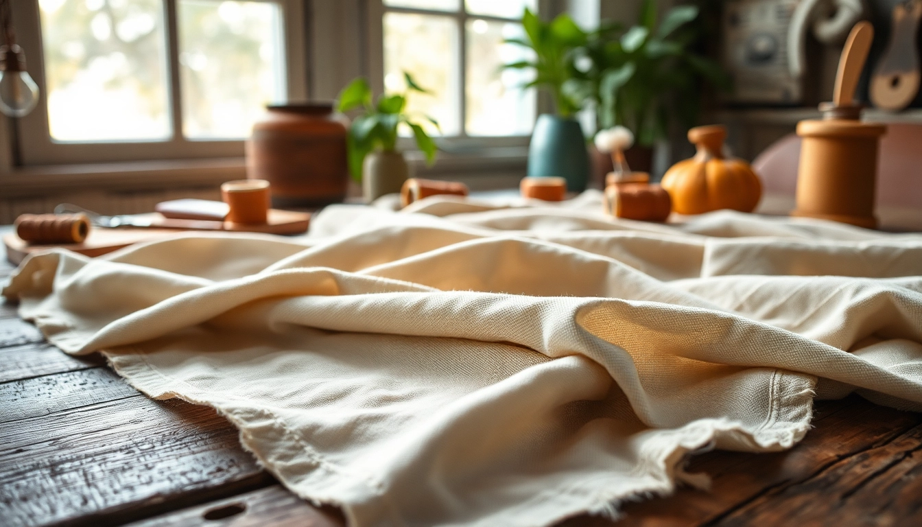 Ontdek ongebleekt katoen met rijke textuur op een rustieke houten tafel.