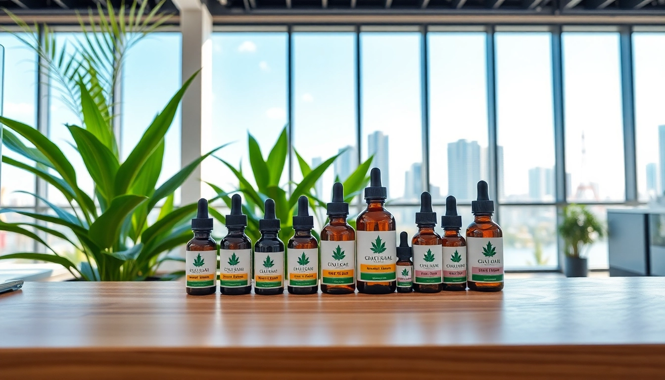 Showcase of cbd miami oils in a bright and modern storefront with a Miami skyline view.