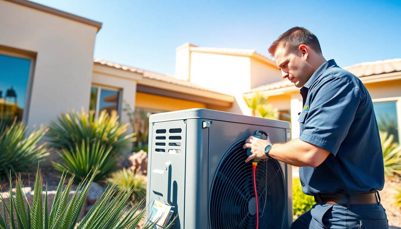 Expert technician performing ac repair phoenix az on a home unit in sunny backyard.