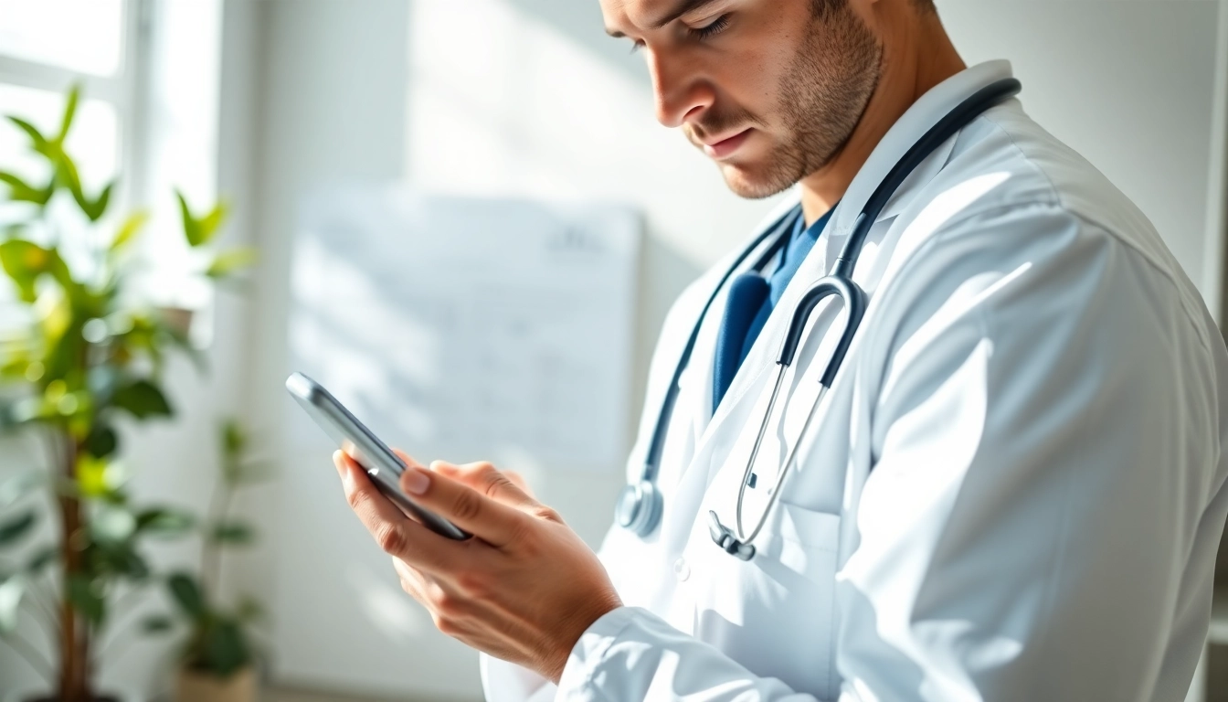 Streamlined doctor utilizing eprescription apps for ios in a contemporary clinic environment.