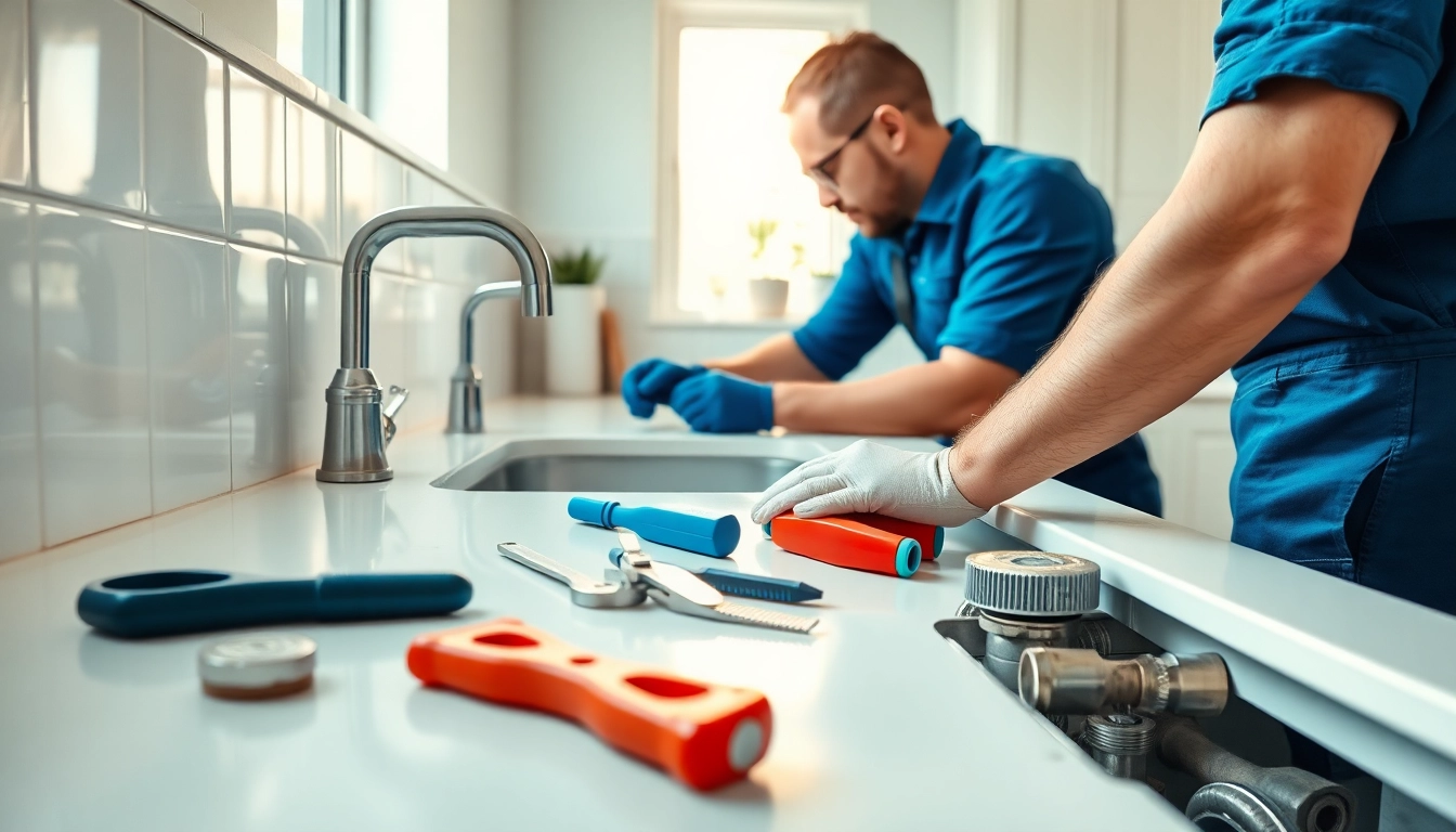 Plumbing professional fixing a kitchen sink with tools and a bright workspace.